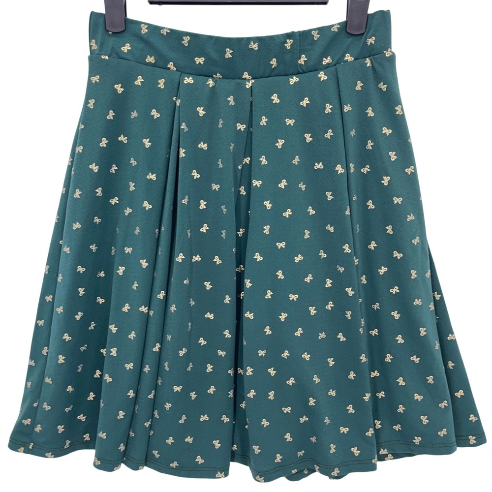 Jessy B Green Gold Bow Print Pleated Skater Skirt M Made in USA
